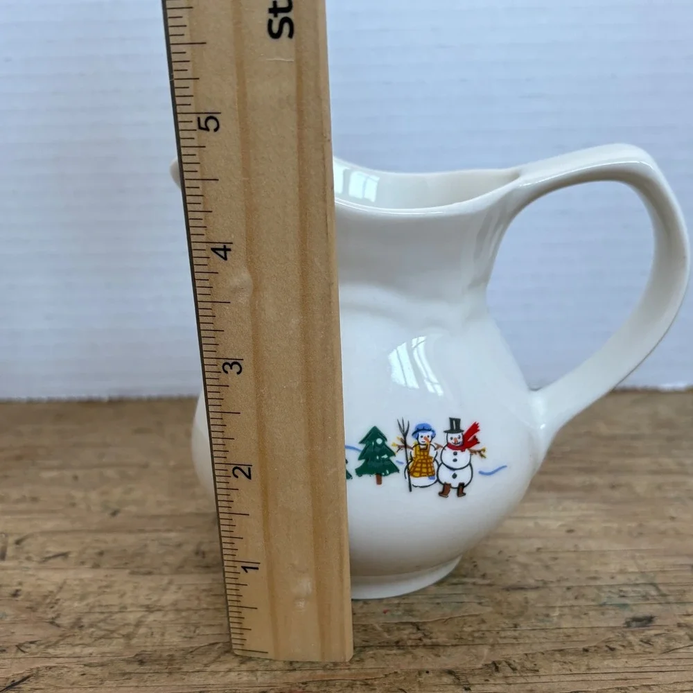 Pfaltzgraff Snow Village‎ Creamer Pitcher White Stoneware Snowman Sledding Scene